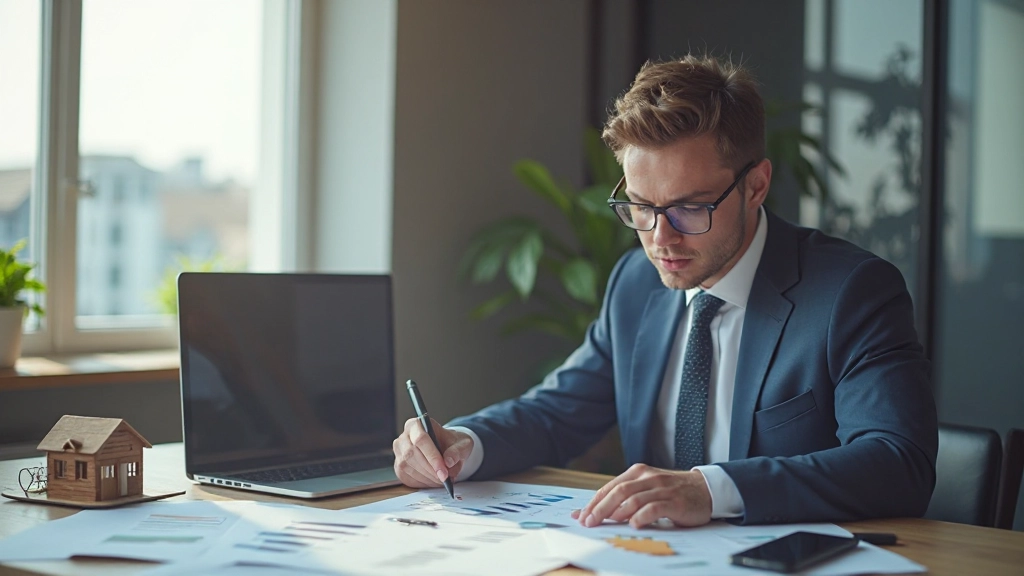 Профессиональное фото инвестора, анализирующего диаграммы и данные рынка недвижимости на рабочем столе
