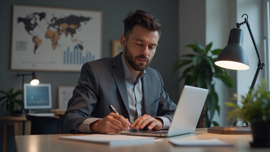 Real estate investor analyzing property investment data on laptop with financial charts