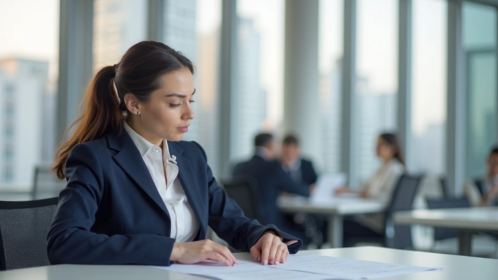 Professional real estate agent reviewing property documents at modern office desk